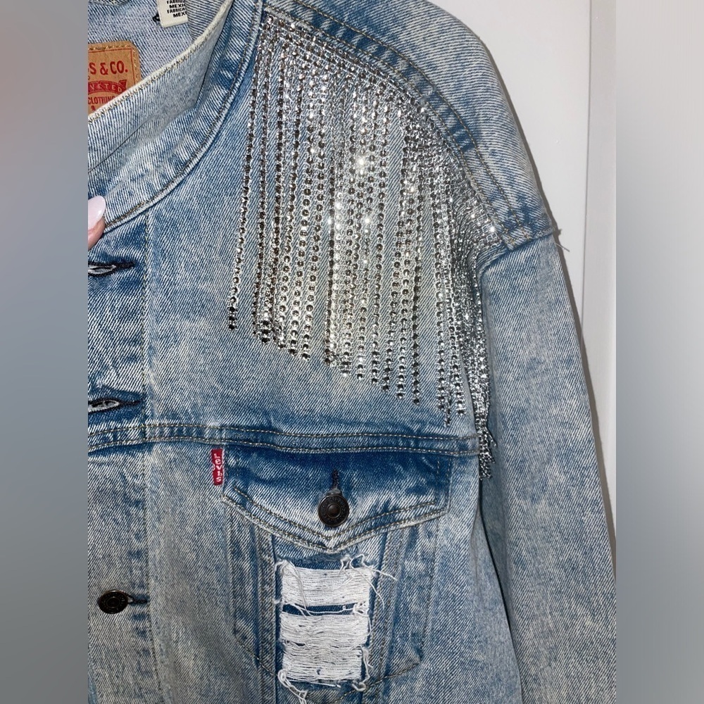LEVIS Western rhinestone fringe trucker denim jean jacket 🪩 3XL Festival - Picture 5 of 14